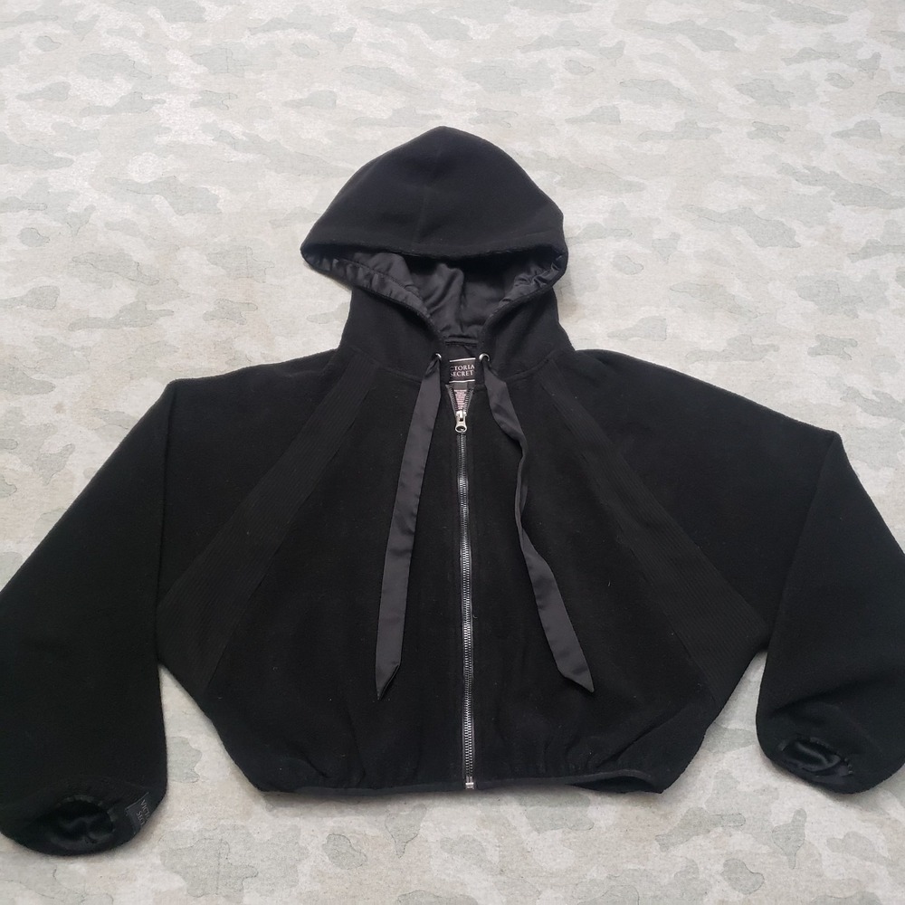Victoria Secret Sweatshirt Womens XS Black Full Zip Hooded Crop Long Sleeve